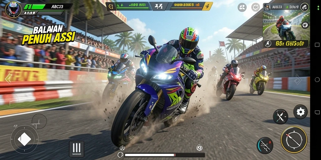 Gameplay seru balapan motor di sirkuit penuh tantangan.