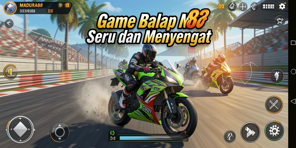 Screenshot menampilkan aksi seru di MADURA88 saat balapan motor.