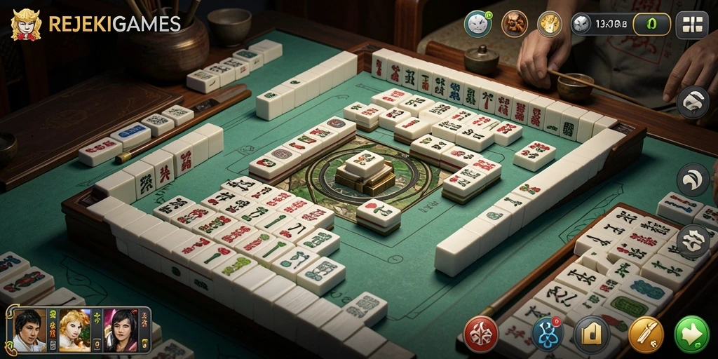 Tampilan gameplay menantang dalam REJEKIGAMES yang penuh teka-teki Mahjong.